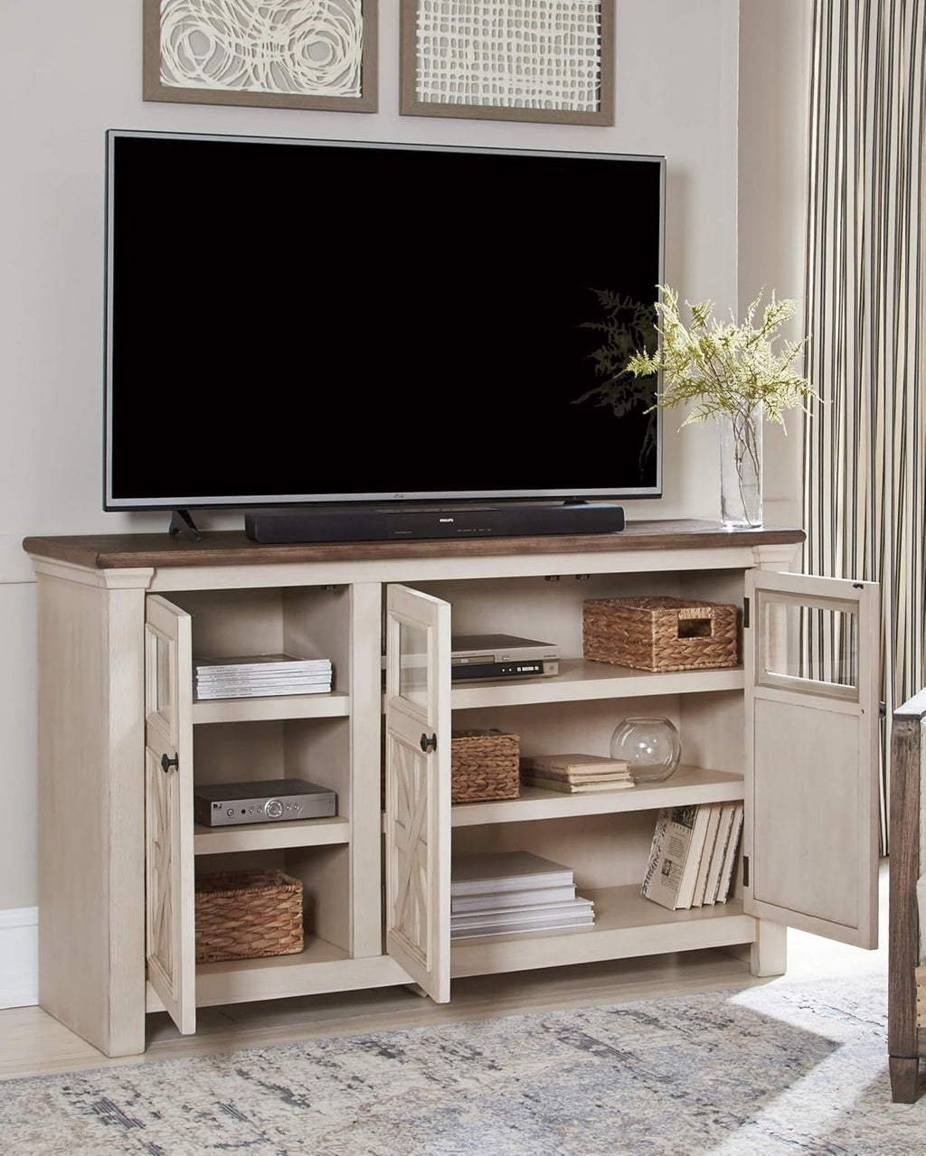 Signature Design by Ashley Bolanburg Farmhouse TV Stand for TVs up to 72, Whitewash A9526
