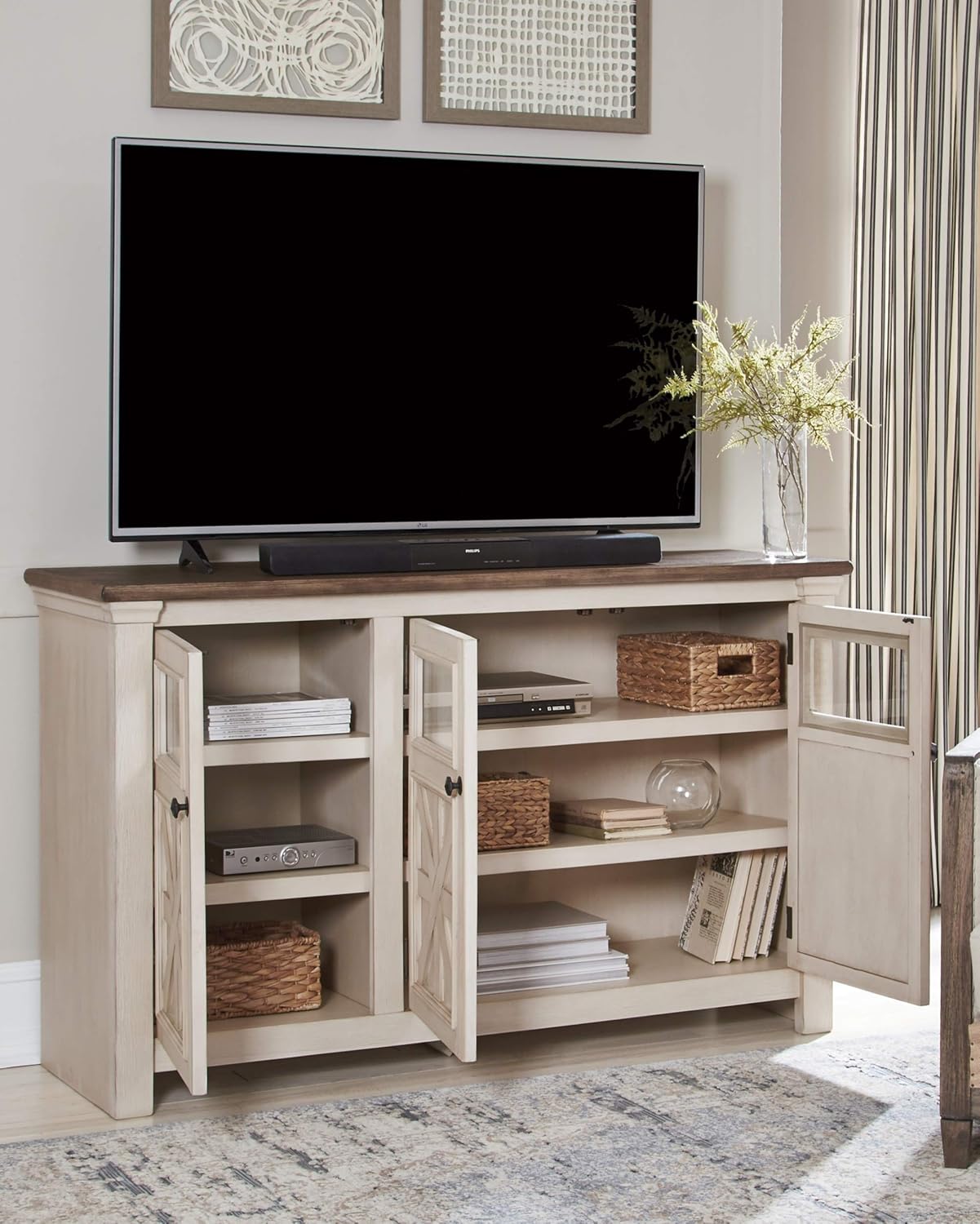 Signature Design by Ashley Bolanburg Farmhouse TV Stand for TVs up to 72, Whitewash A9526