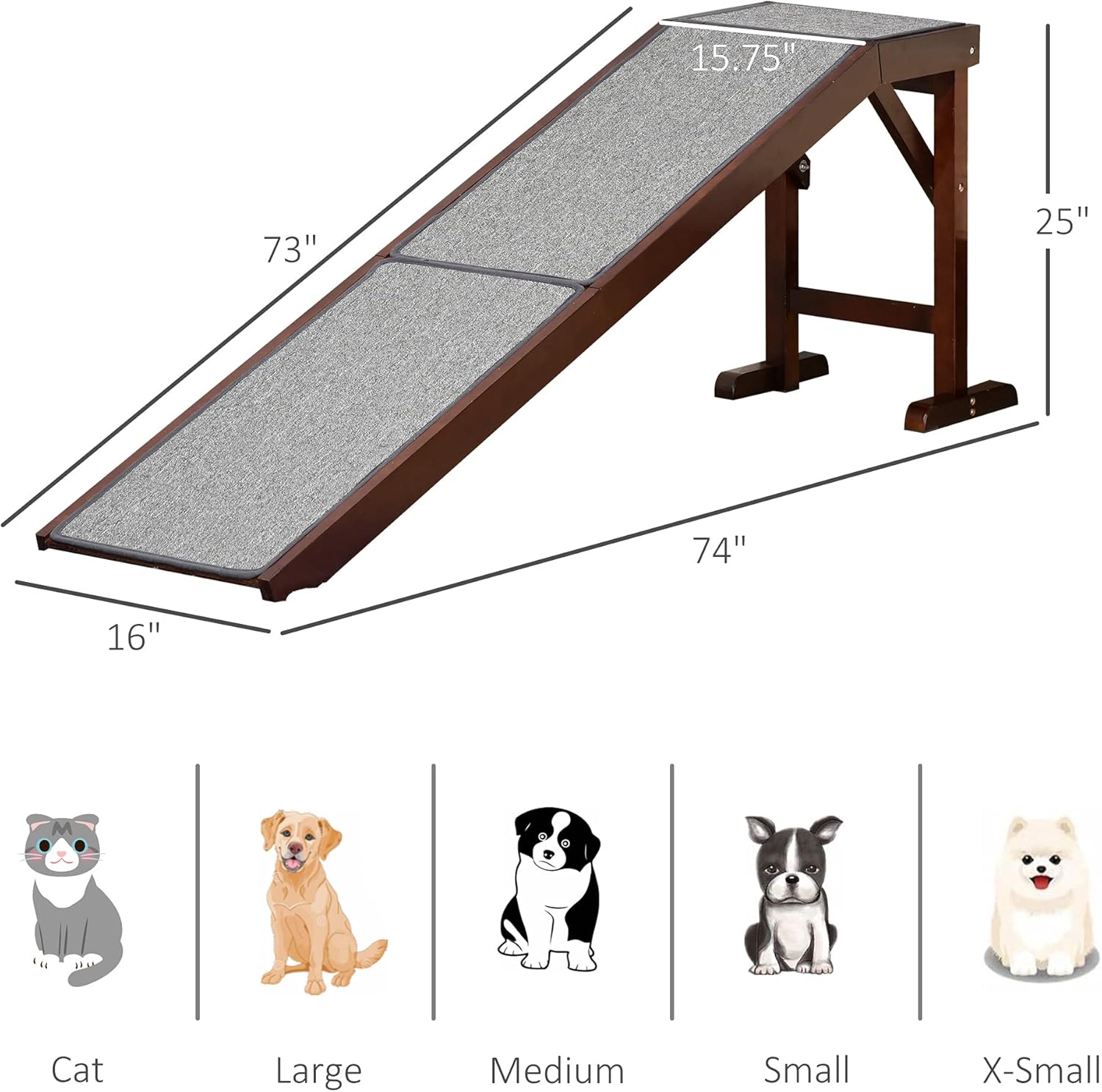 PawHut Dog Ramp Non-Slip Carpet Top Pine Wood 74L x 16W x 25H, Brown Grey M847
