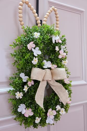 Bunny Shaped Easter Boxwood Wreath for Front Door, Handmade with Beaded Ears B739