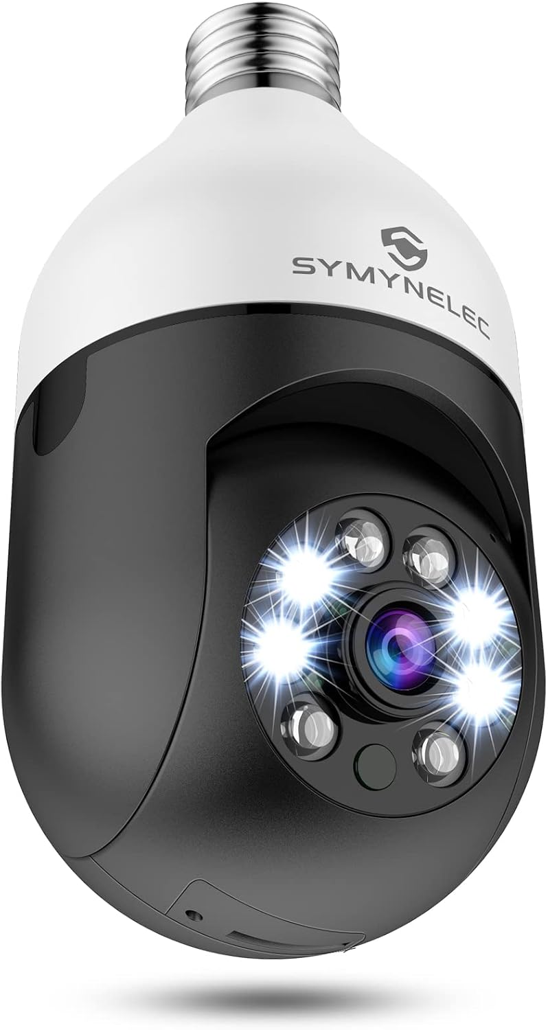 Light Bulb Security Camera, SYMYNELEC 360 Degree Pan/Tilt Panoramic IP Camera, 2.4GHz WiFi 1080P Smart Home Surveillance Cam with Motion Detection Alarm Night Vision Two Way Talk Indoor Outdoor E27