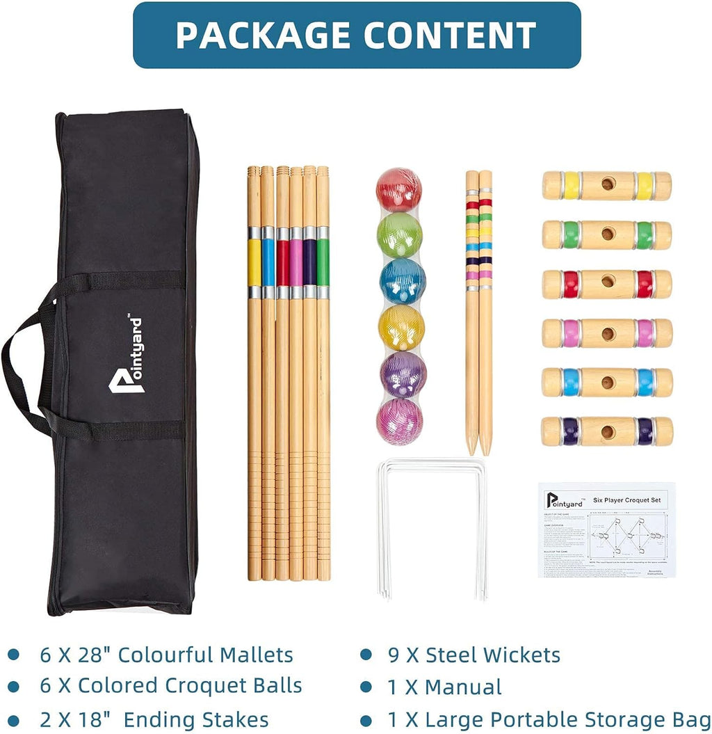 Pointyard Six Player Croquet Set with Wooden Mallets and Carry Bag O779356