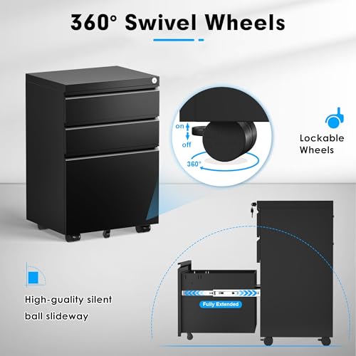 Greenvelly 3 Drawer Mobile File Cabinet with Lock, Black Z901