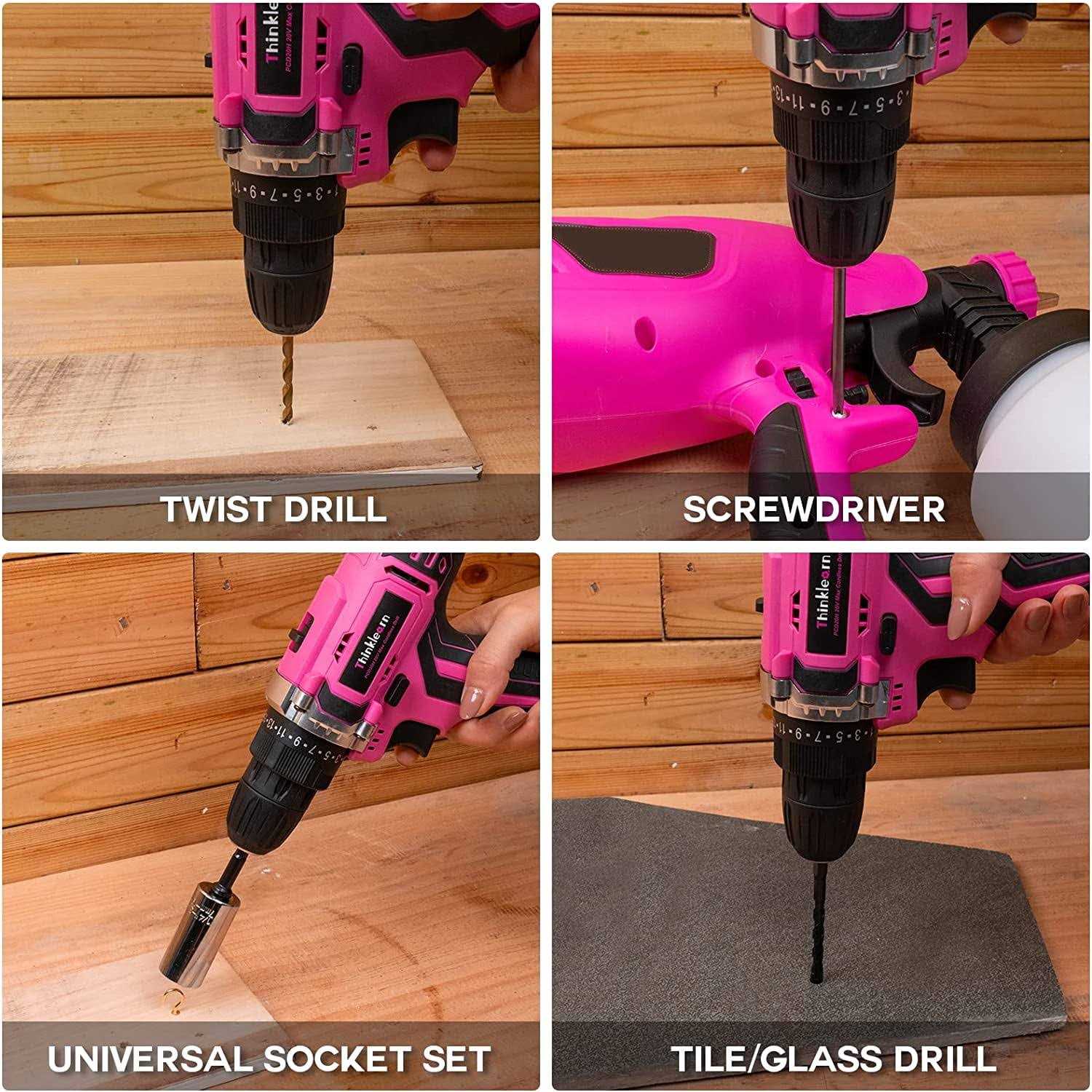 Thinklearn Pink Cordless Drill Set 20V Lithium-ion with 67Pcs Bits I1323