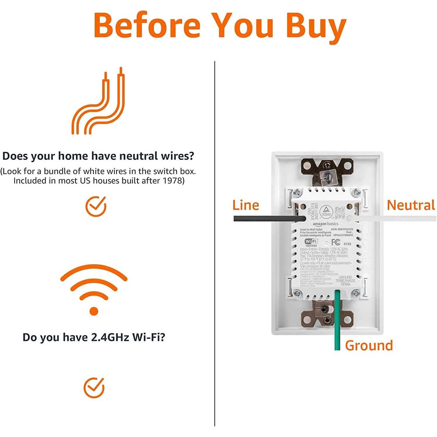 Amazon Basics Smart In-Wall Outlet with 2 Individually Controlled Outlets B307