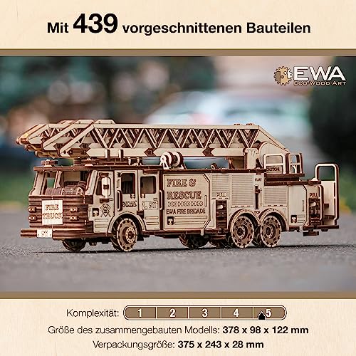 3D Wooden Puzzle Fire Truck Mechanical Model Kit with Wind Up Mechanism, 439 Pieces W6533