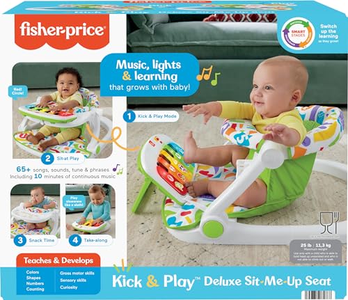 Fisher-Price Portable Baby Chair, Pink Kick & Play Deluxe Sit-Me-Up Seat with Piano Toy & Snack Tray O7962