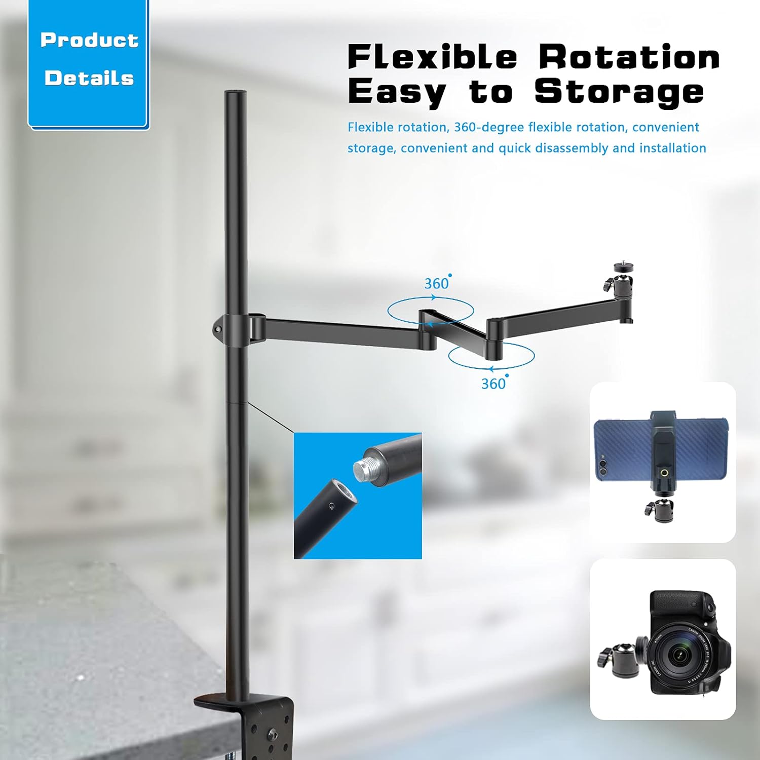 Heavy Desktop Overhead Camera Mount Rig Stand with Flexible Arm and 360° Ball Head J2987