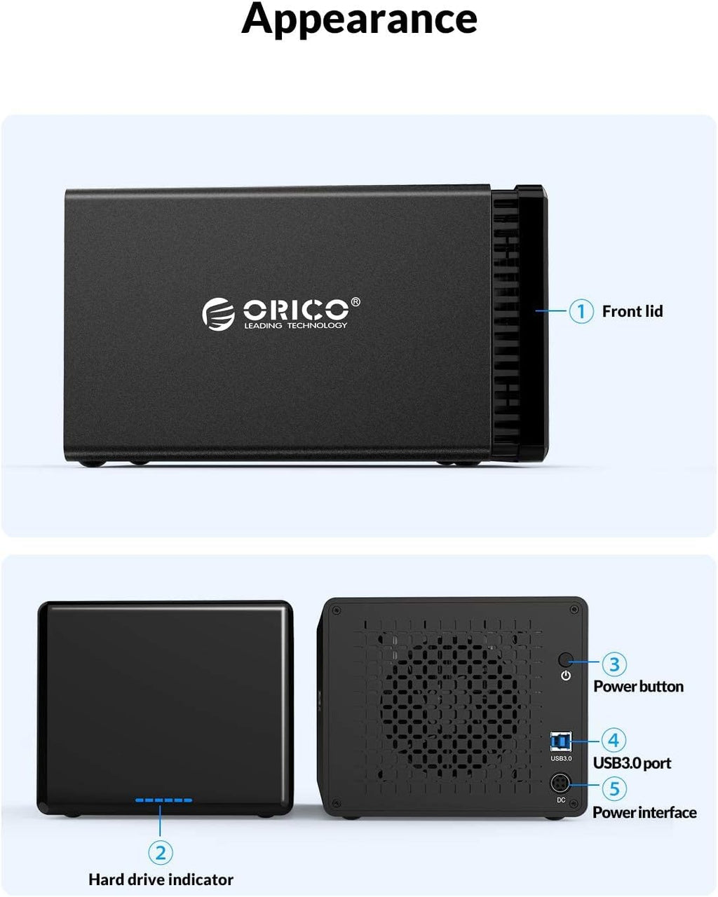 ORICO 5 Bay RAID Hard Drive Enclosure USB 3.0 to SATA for 3.5 inch HDD I643239