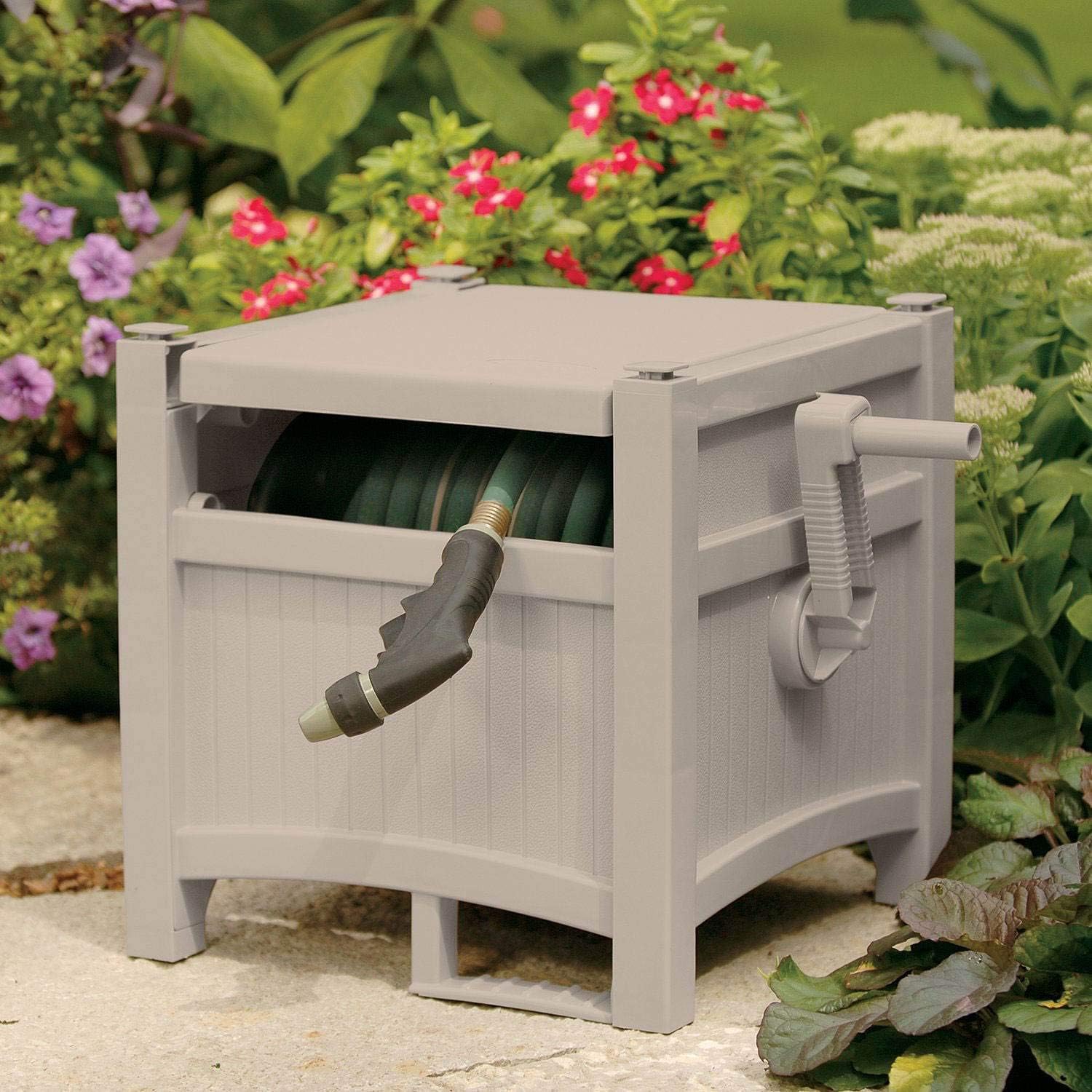 Suncast Resin Outdoor Hideaway Storage Reel with Crank Handle, 100 ft, Taupe U930887