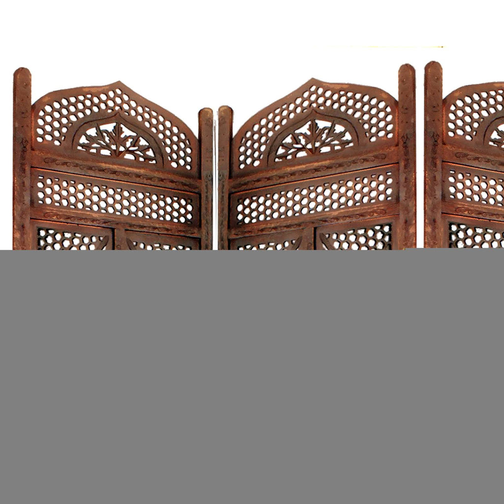 Traditional Four Panel Wooden Room Divider with Hand Carved Details, Antique Brown M13518