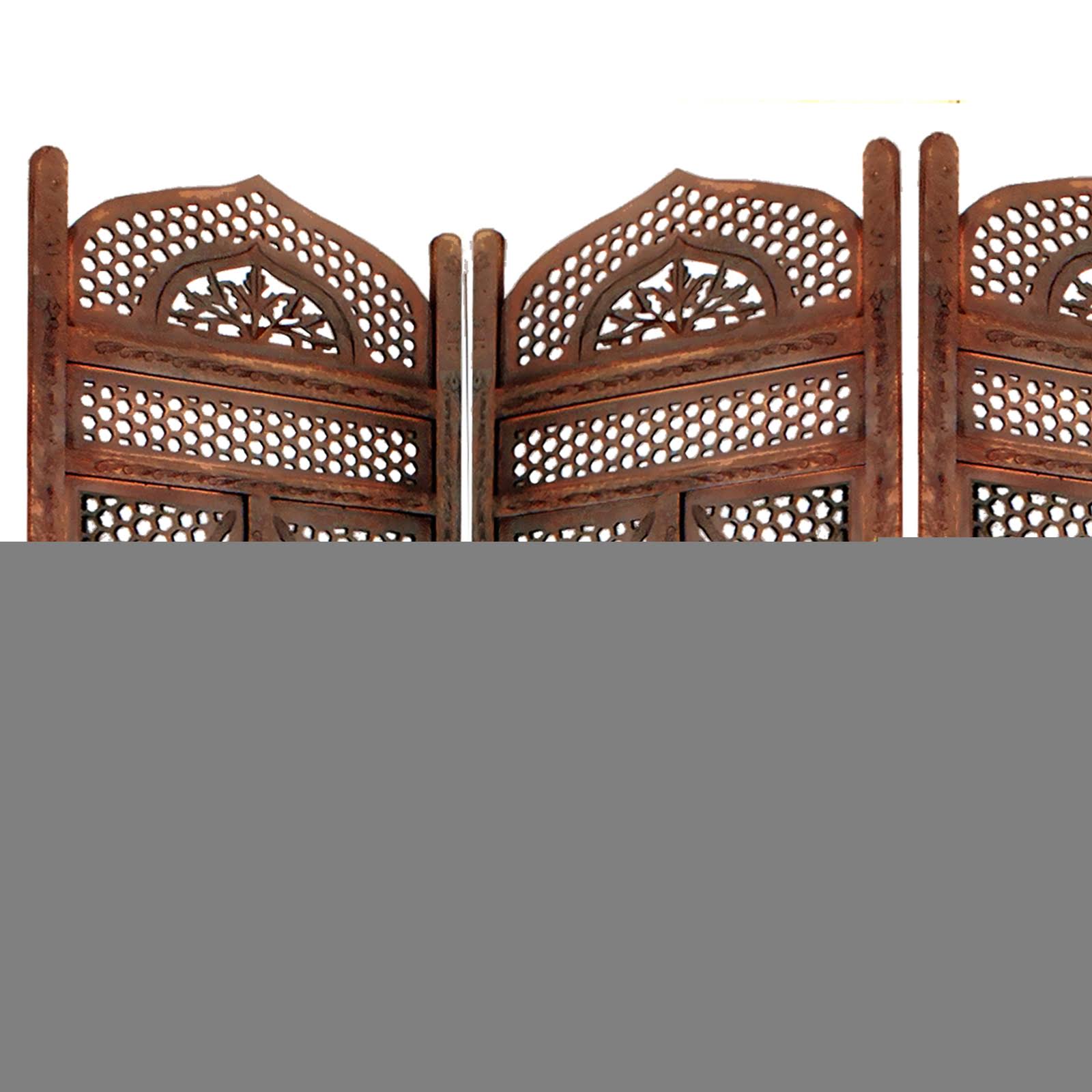 Traditional Four Panel Wooden Room Divider with Hand Carved Details, Antique Brown M13518