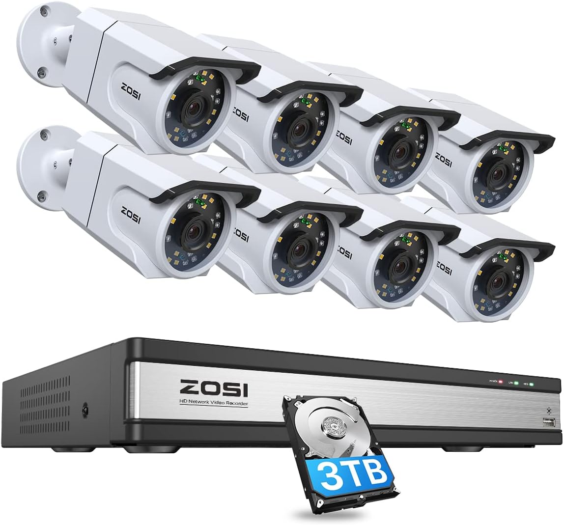 ZOSI 5MP Lite Home Security Camera System Indoor Outdoor,8 Channel H.265+ CCTV DVR and 8 x 1080p 1920TVL Weatherproof Surveillance Cameras,80ft Night Vision,Motion Alert,Remote Access,NO HDD