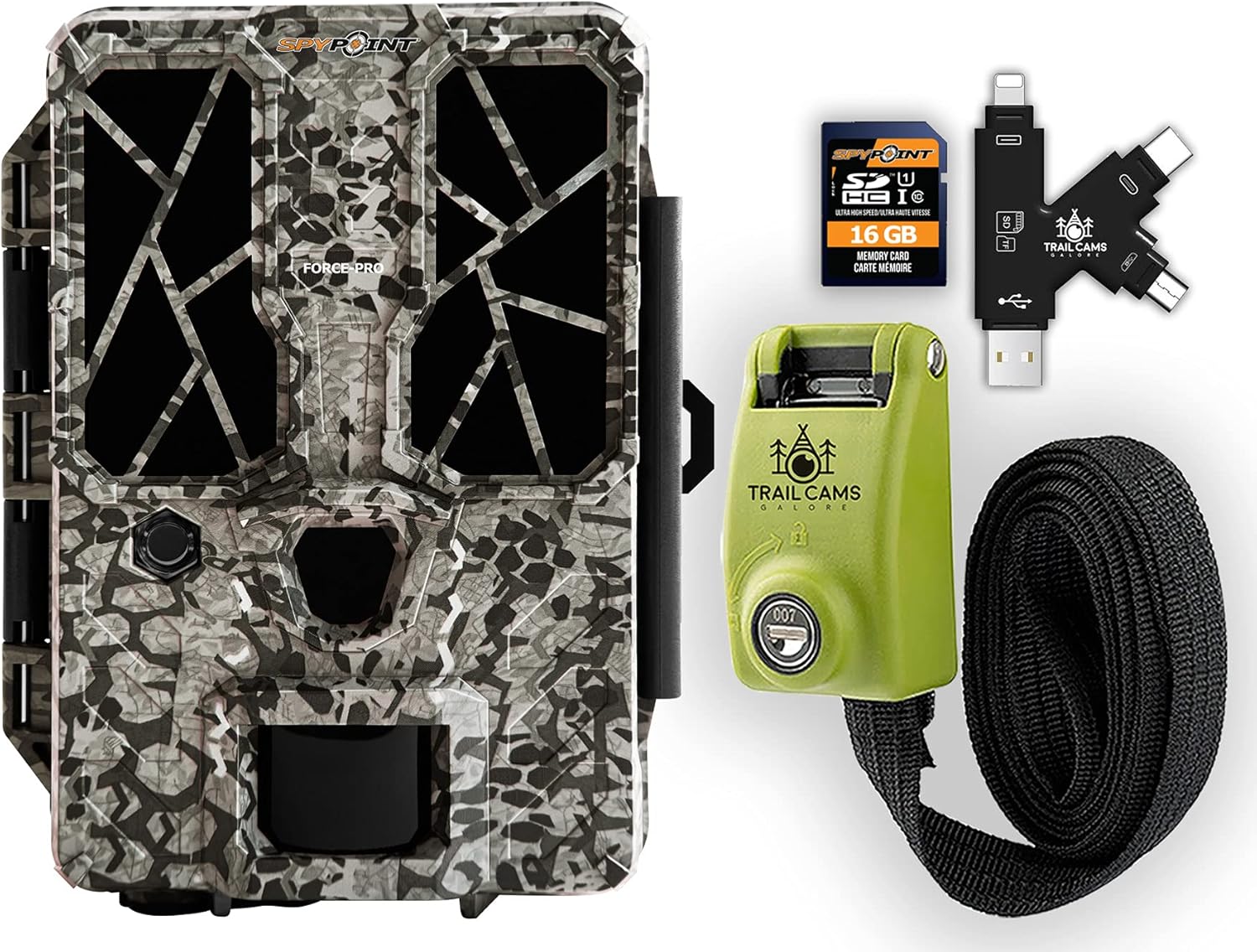 SPYPOINT Force-PRO Trail Camera (30MP) with Spypoint 16 GB SD Card, Card Reader, and Steel Reinforced Strap