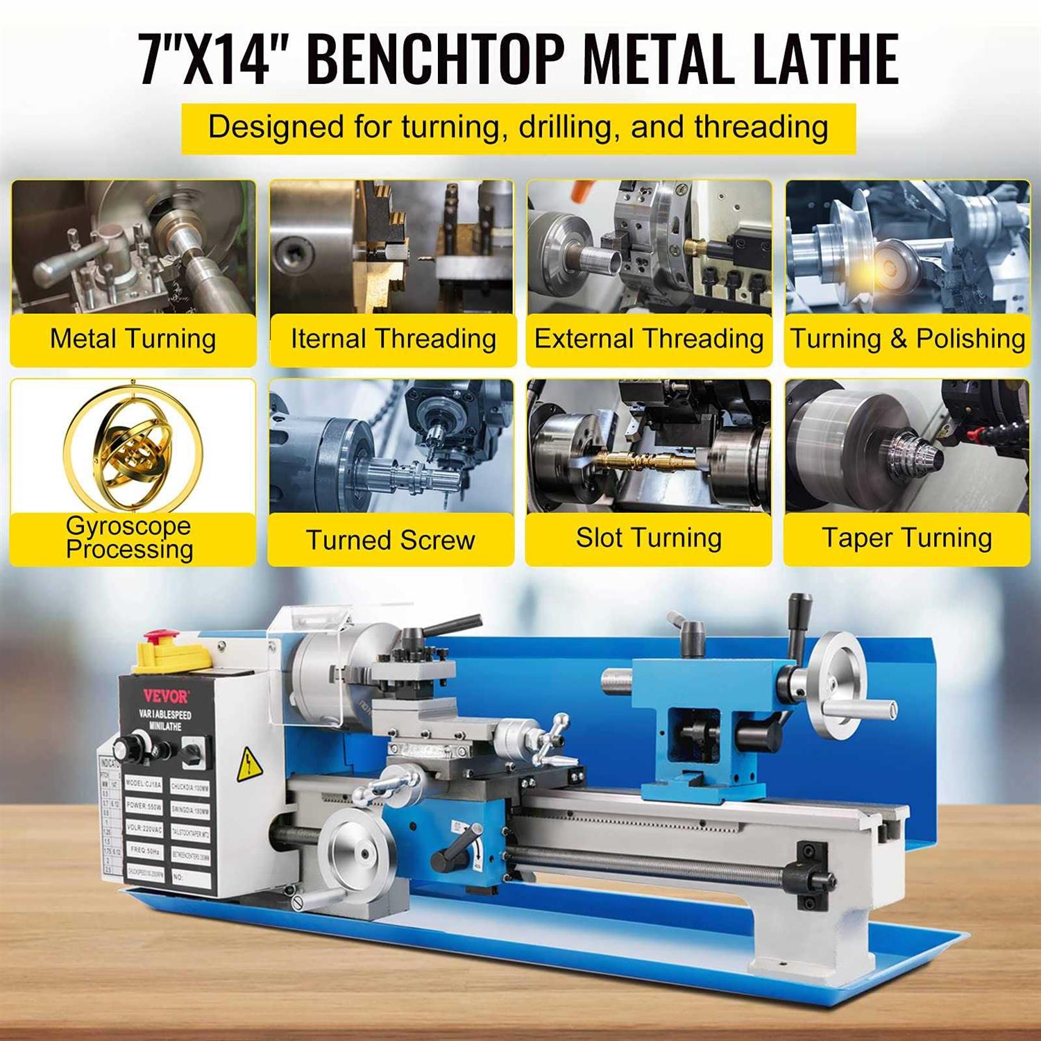 VEVOR Mini Metal Lathe 7x14 Benchtop 550W Variable Speed H38015
