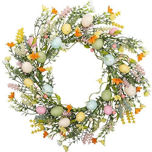 18 inch Easter Egg Wreath for Front Door with Pastel Eggs and Twigs I6652