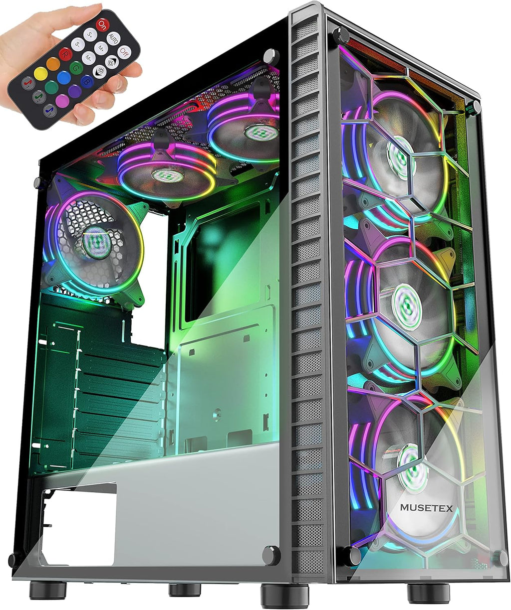 MUSETEX ATX Mid-Tower PC Gaming Case with 6 ARGB Fans, Black G64178
