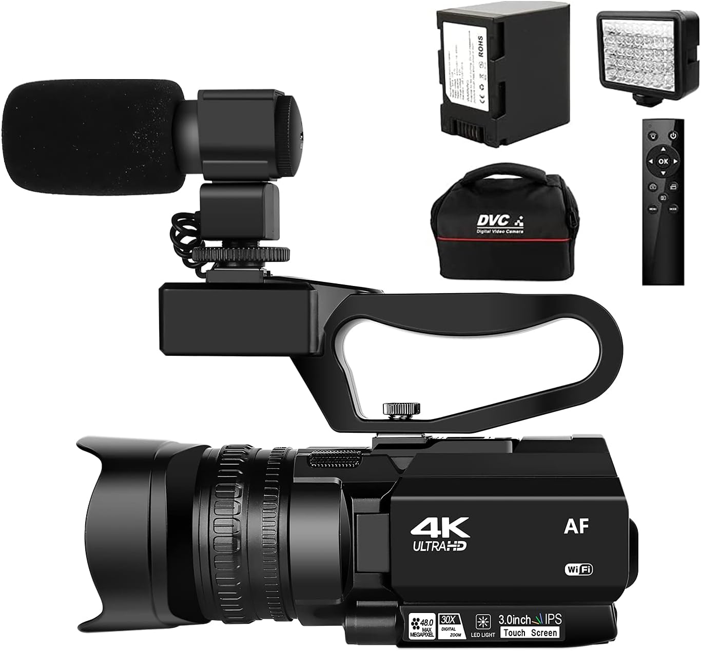 4K HD Newest Auto Focus Video Camera 48MP 60FPS 30X Digital Zoom Camera for YouTube with LED Fill Light Camcorder 4500mAh Battery, Remote Control, Handheld, Microphone and 64G SD Card SD Card