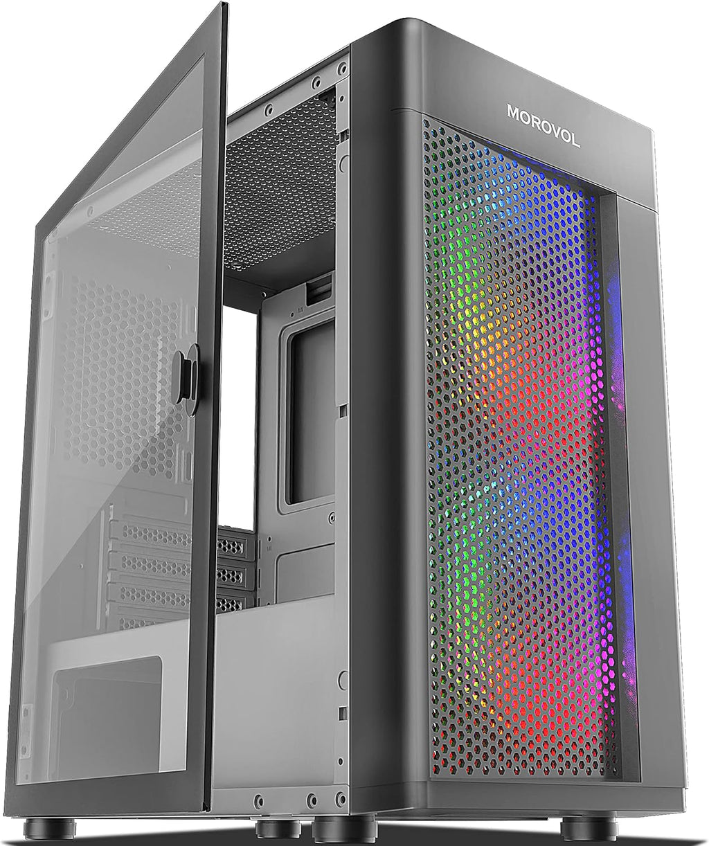 MOROVOL Mesh Micro-ATX Tower Computer Case, 2PCS × ARGB Fans Pre-Installed and 2×USB 3.0 Ports, Magnetic Design Opening Tempered Glass Panel & Mesh Front Panel Mini-ITX Gaming PC Case, White