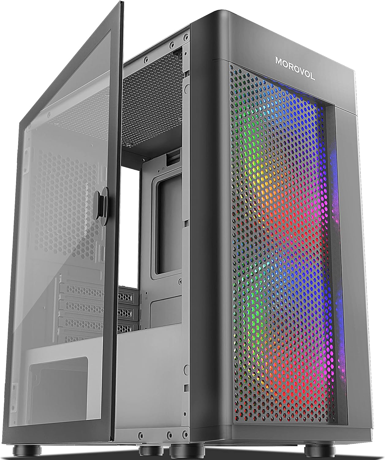 MOROVOL Mesh Micro-ATX Tower Computer Case, 2PCS × ARGB Fans Pre-Installed and 2×USB 3.0 Ports, Magnetic Design Opening Tempered Glass Panel & Mesh Front Panel Mini-ITX Gaming PC Case, White
