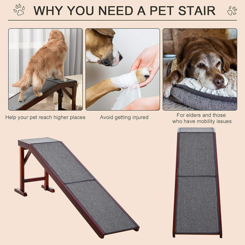 PawHut Dog Ramp Non-Slip Carpet Top Pine Wood 74L x 16W x 25H, Brown Grey M847
