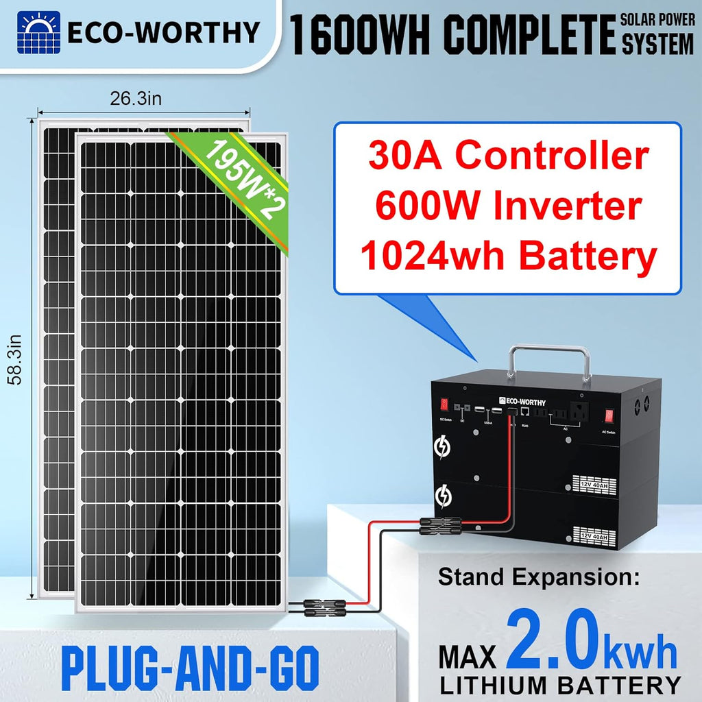 ECO-WORTHY 400W 1.6KWH Complete Solar Power System for RV Camper Marine Emergency J81841