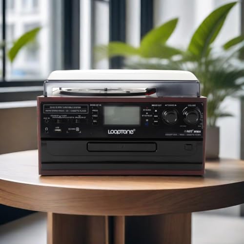 LoopTone Bluetooth Record Player 3 Speed Vinyl Turntable with CD, Cassette, AM/FM Radio Z8374