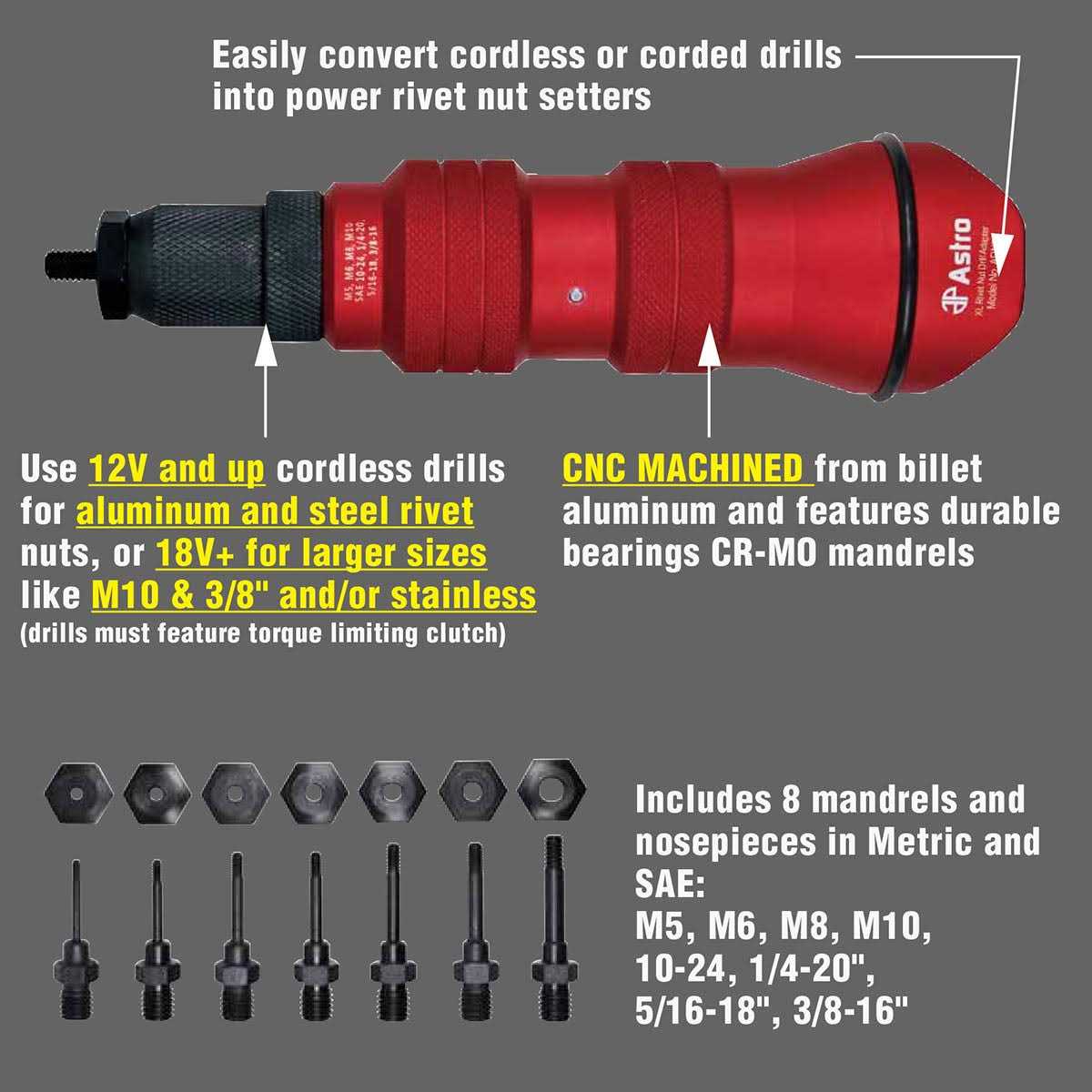 Astro Pneumatic Tool ADN38 XL Rivet Nut Drill Adapter Kit O990162