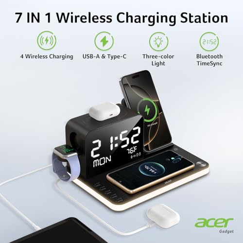 acer 7-in-1 Wireless Charging Station with Night Light and Time Display U851