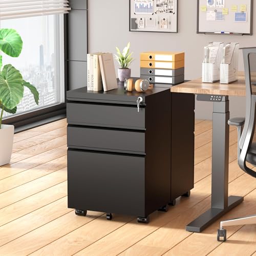 Greenvelly 3 Drawer Mobile File Cabinet with Lock, Black Z901