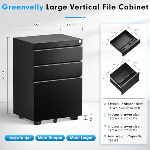 Greenvelly 3 Drawer Mobile File Cabinet with Lock, Black Z901