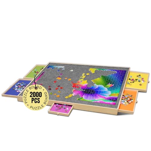Puzzle Board with Drawers & Cover for 1000 Pieces, Wooden Jigsaw Table with Lazy Susan Spinning Cover X435