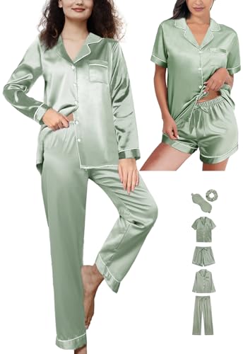 Womens Silk Satin Pajama Set Button Down Sleepwear T847