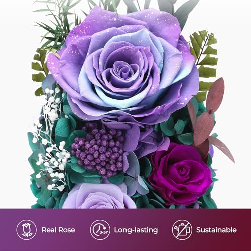 Forever Fresh Rose Flower Bouquet in Glass Dome, Preserved Purple Flowers J370