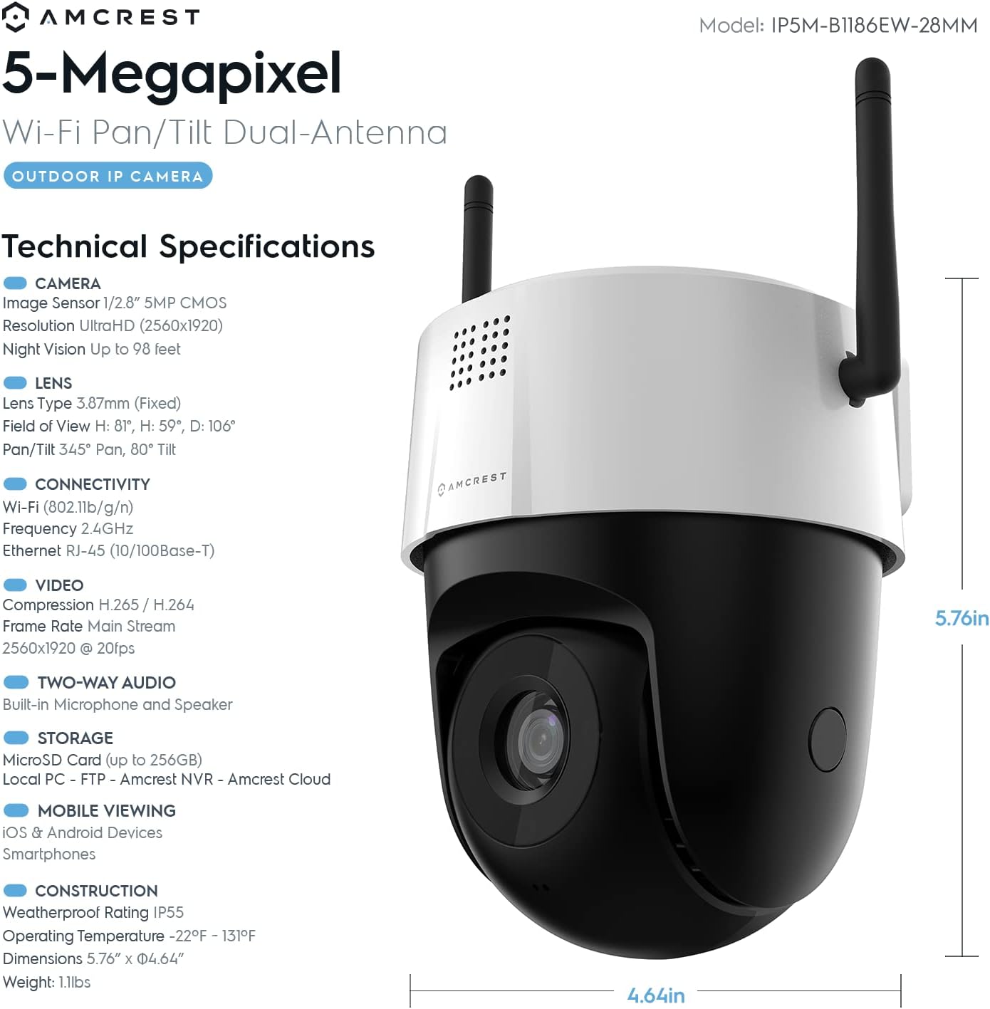 Amcrest 5MP UltraHD Mini AI Outdoor WiFi Security IP Camera with Two-Way Audio, White P410397
