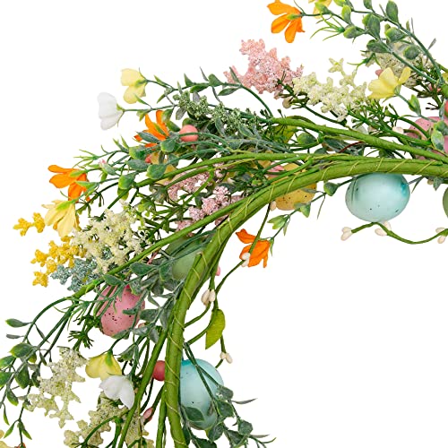 18 inch Easter Egg Wreath for Front Door with Pastel Eggs and Twigs I6652