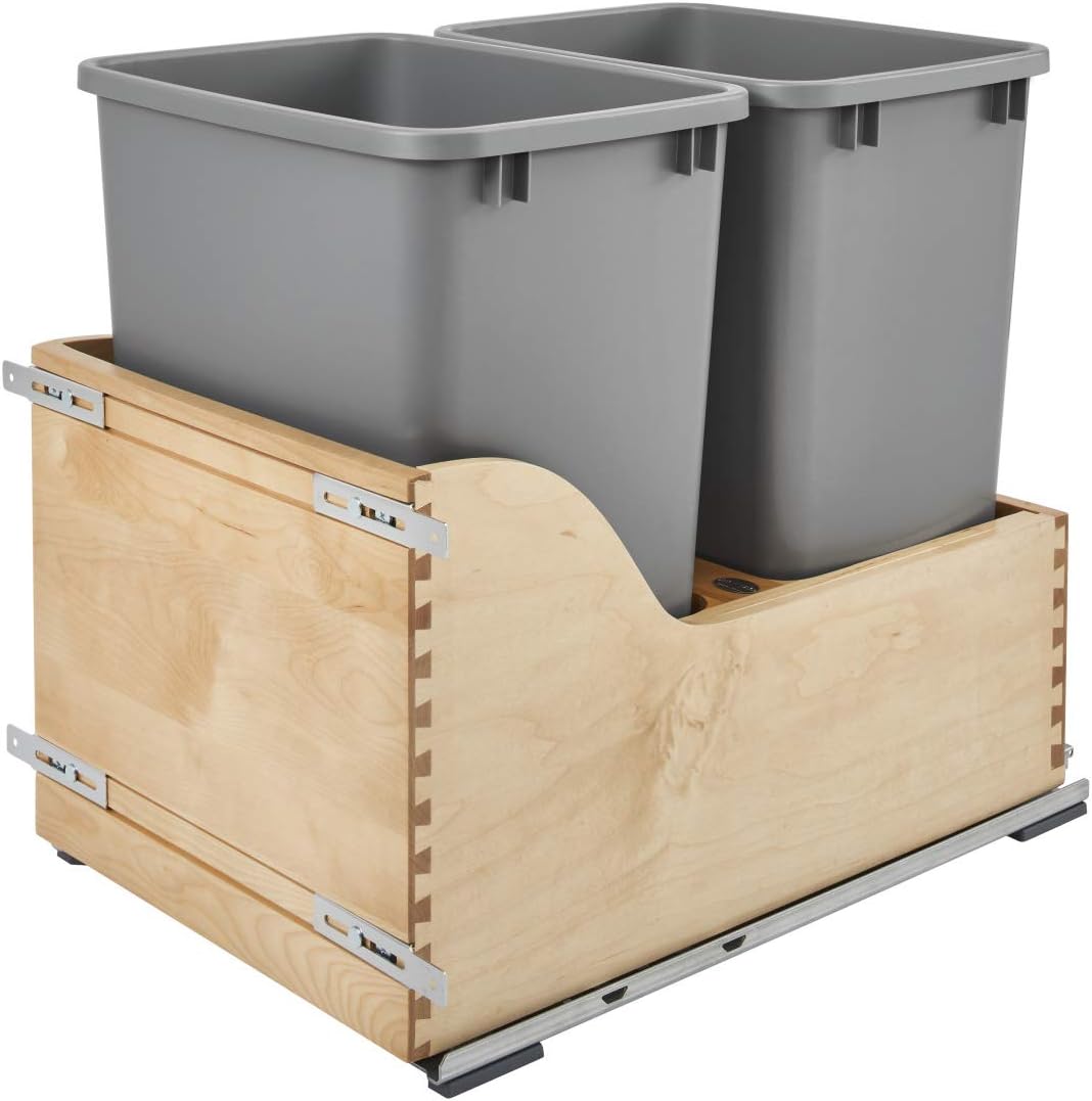 Rev-A-Shelf 4WCSC-1835DM-2 Double 35-Quart Maple Bottom Mount Kitchen Pullout Waste Container Trash Can with Blumotion Soft-Close Slides, Silver
