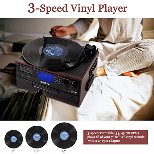 LoopTone Bluetooth Record Player 3 Speed Vinyl Turntable with CD, Cassette, AM/FM Radio Z8374