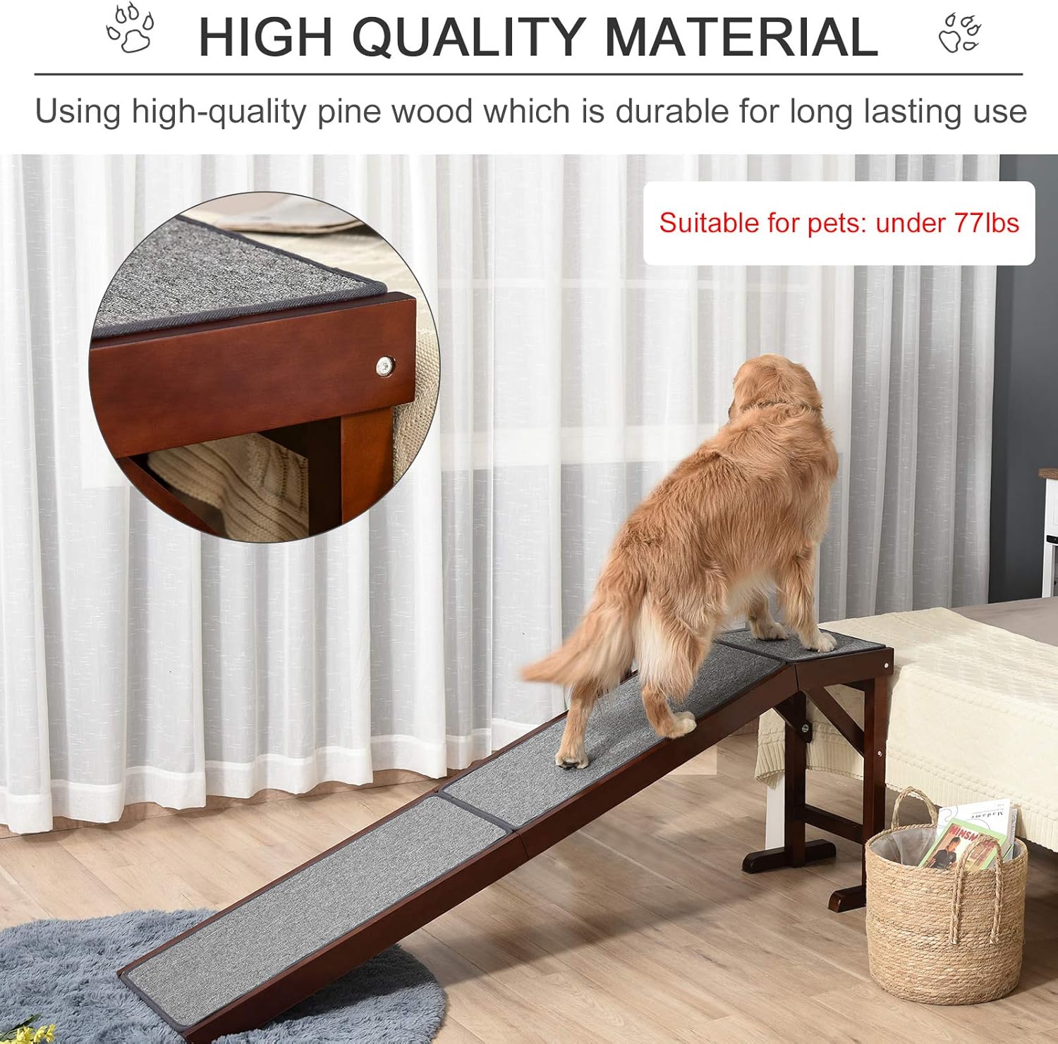 PawHut Dog Ramp Non-Slip Carpet Top Pine Wood 74L x 16W x 25H, Brown Grey M847