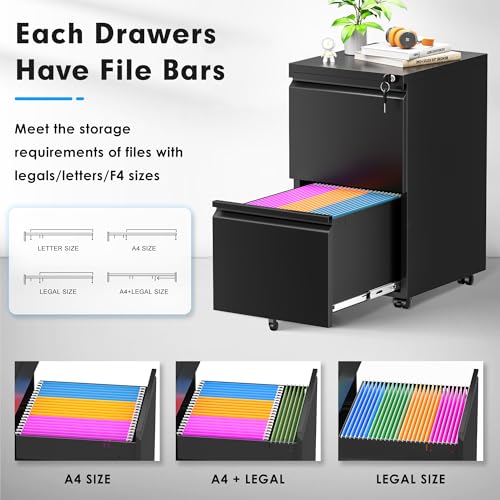 Greenvelly 3 Drawer Mobile File Cabinet with Lock, Black Z901