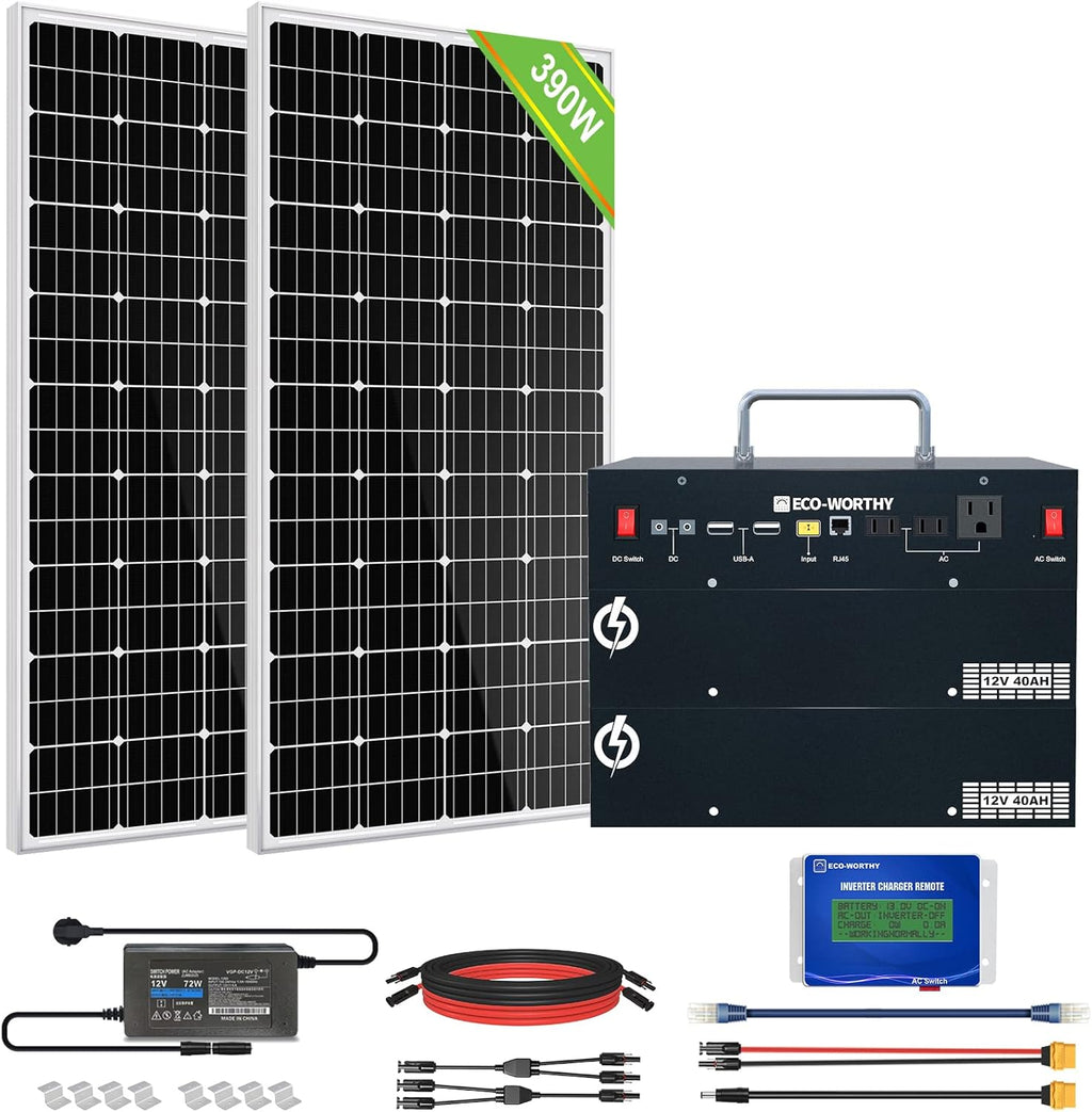 ECO-WORTHY 400W 1.6KWH Complete Solar Power System for RV/Camper/Marine/Emergency, New-Design Plug-and-Play Solar Panel Kit: 2*195W Solar Panels+1024WH Power Station (Less Wires&Power Loss)