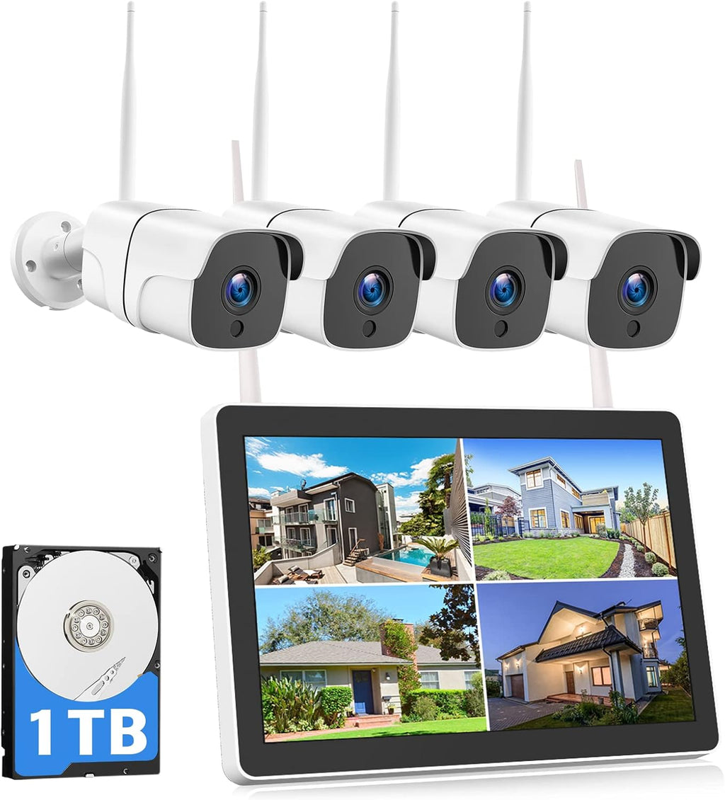 All in One 1080P Wireless Security Camera System with 1TB Hard Drive & 12 Monitor, 8CH NVR Video Security System 4pcs 2.0MP Outdoor Home Security Surveillance IP Cameras Night Vision Motion Detection