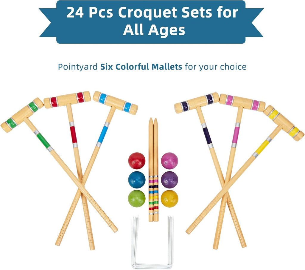 Pointyard Six Player Croquet Set with Wooden Mallets and Carry Bag O779356