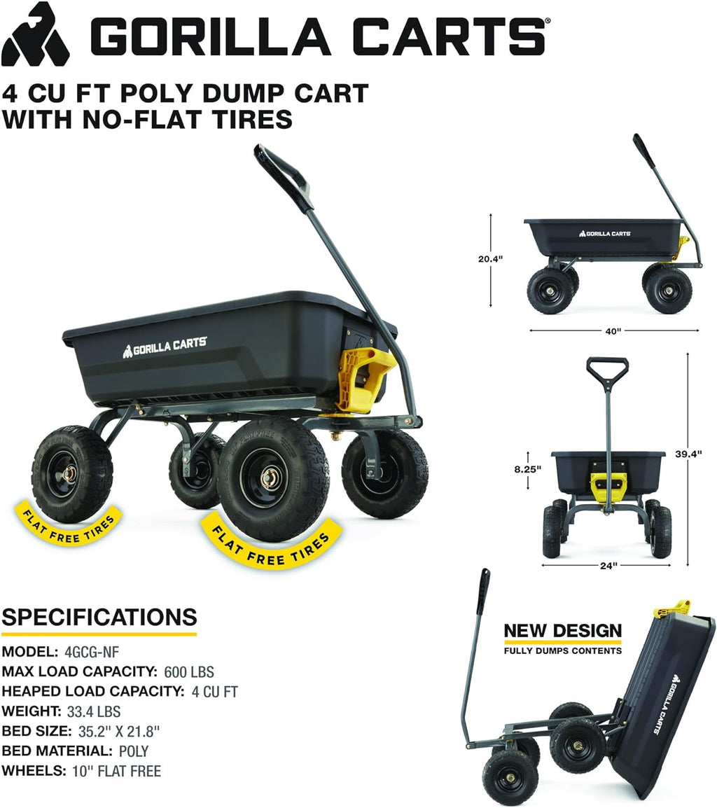 Gorilla Carts 4GCG-NF 4 Cu. Ft. Poly Garden Dump Cart with No-Flat Tires, Black X5202