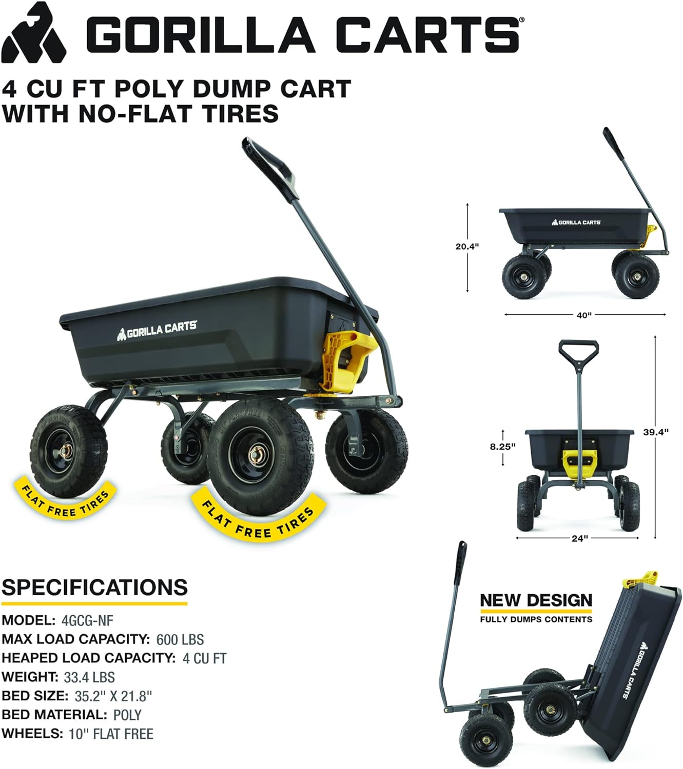 Gorilla Carts 4GCG-NF 4 Cu. Ft. Poly Garden Dump Cart with No-Flat Tires, Black X5202