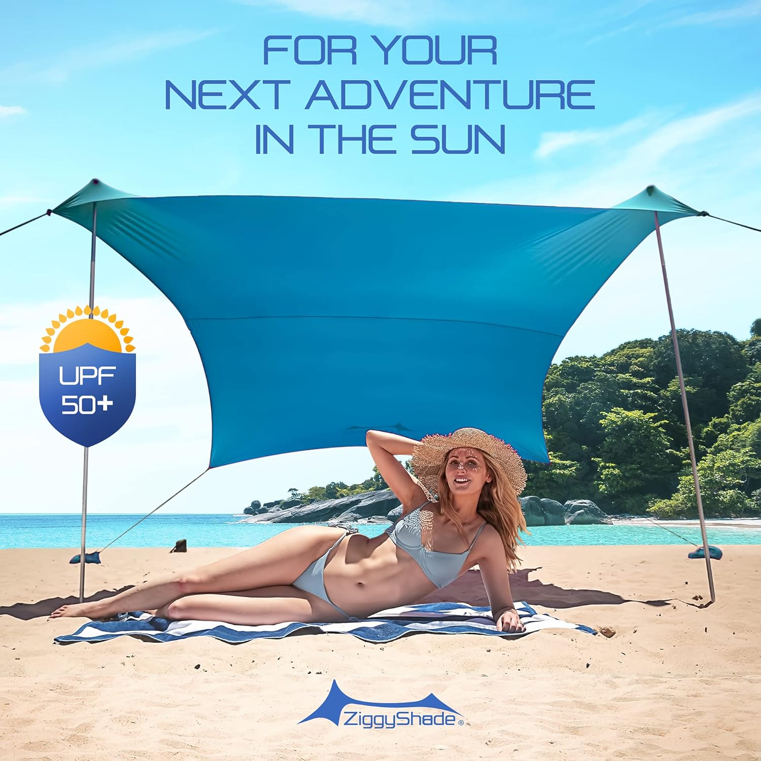 ZiggyShade Family Beach Sunshade – Lightweight UPF50+ UV Canopy with Sandbag Anchors J249613