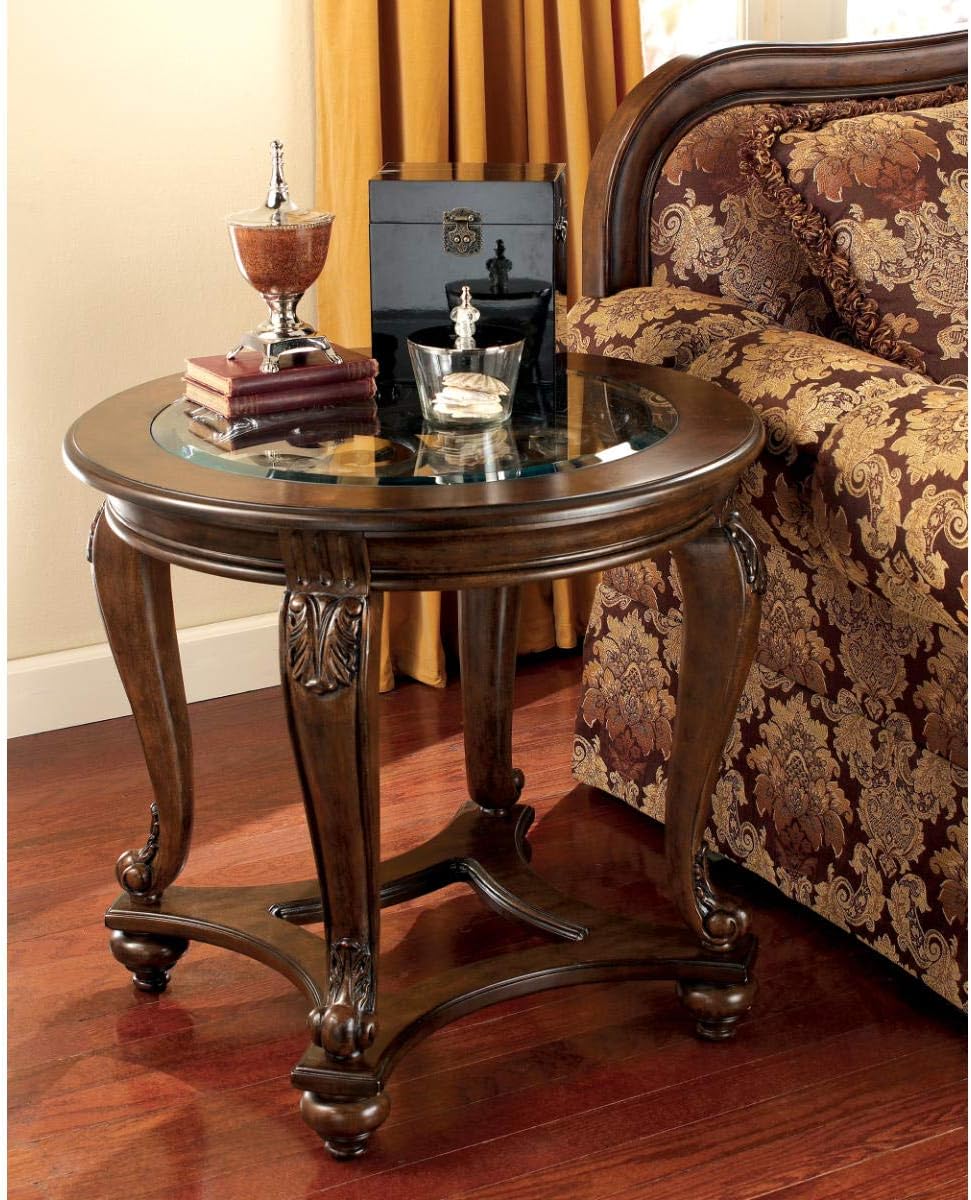 Signature Design by Ashley Norcastle Traditional Half Moon Sofa Table with Beveled Glass Top and Scrollwork Legs, Dark Brown