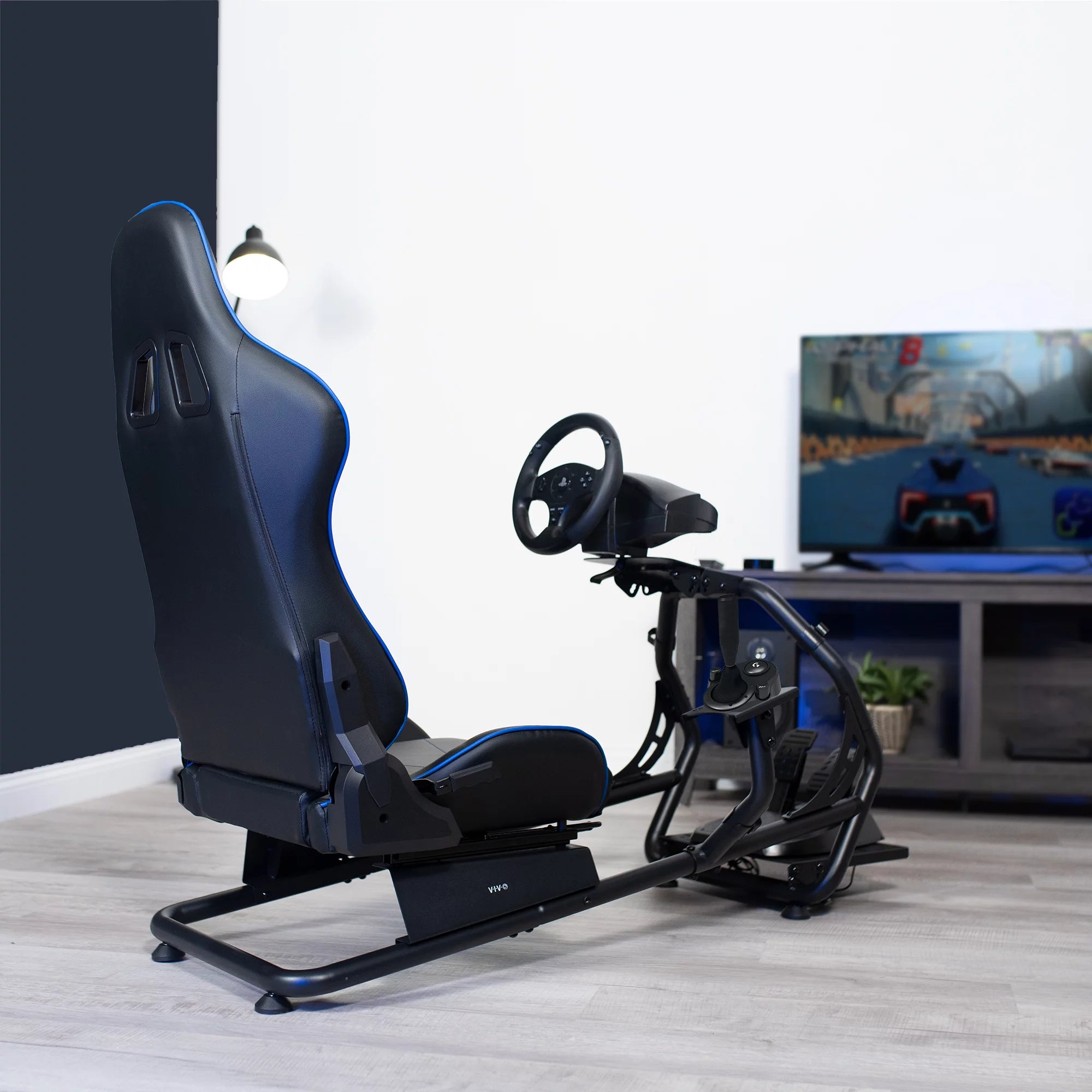 VIVO Black + Blue Racing Simulator Cockpit with Wheel Stand and Reclining Seat R696