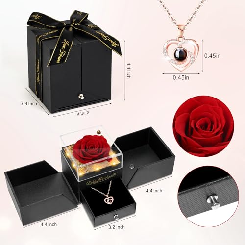 Preserved Red Rose with Necklace and Light for Mom Q61995