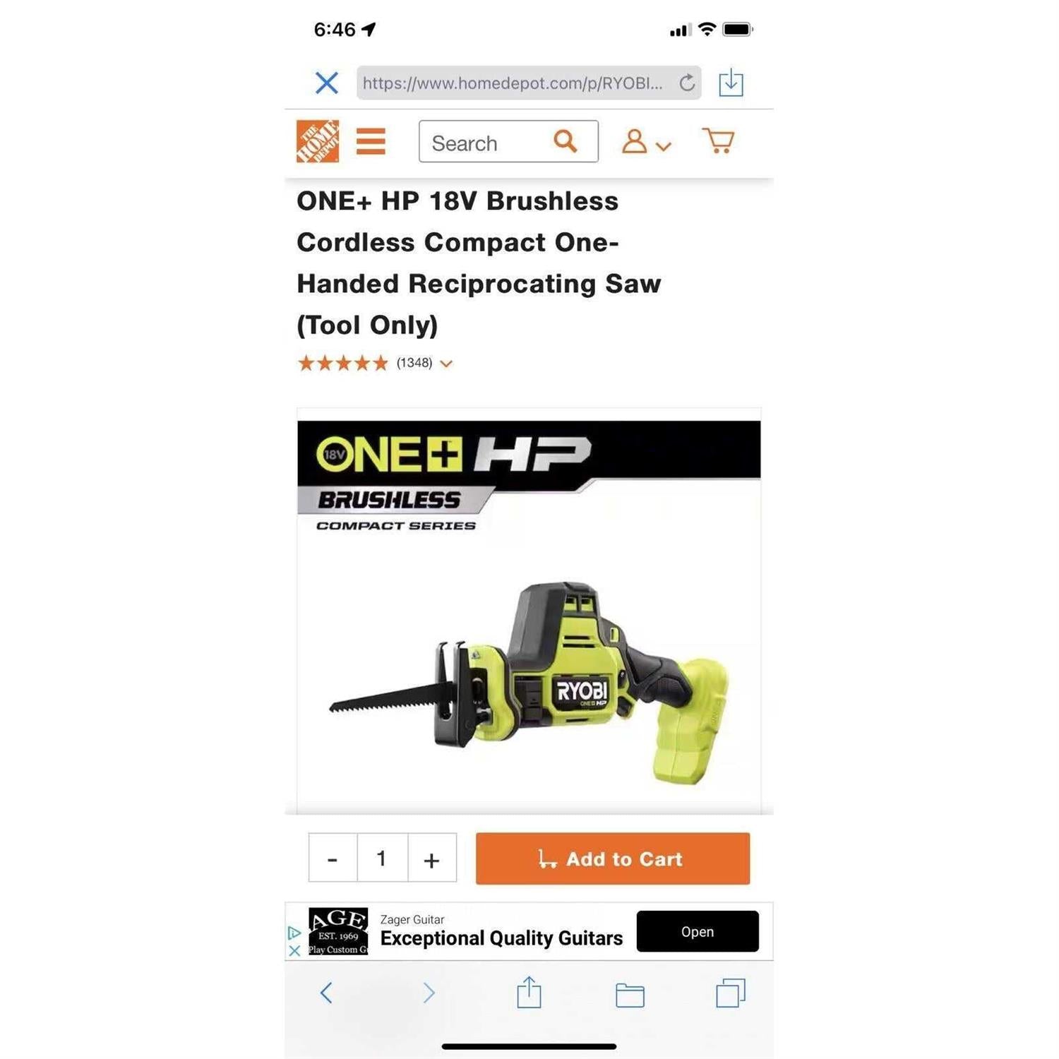 Ryobi ONE+ HP 18V Brushless Cordless Compact Reciprocating Saw J3862